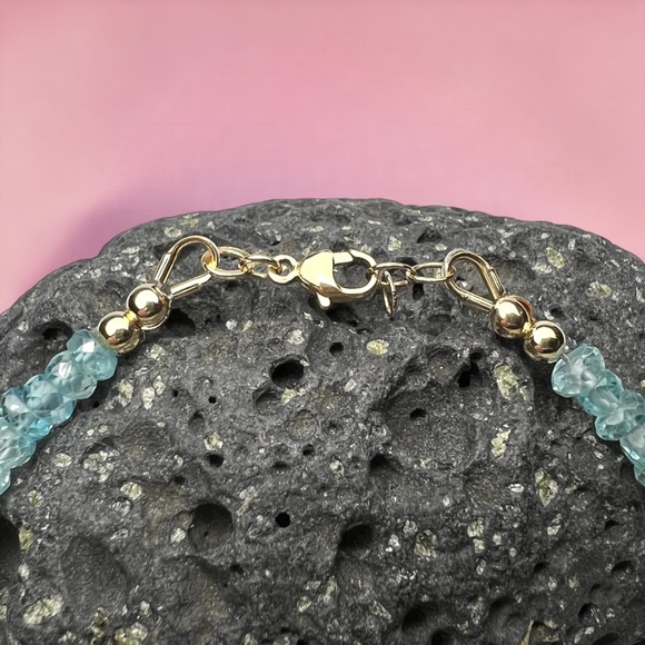 Handcrafted Natural Blue Zircon & Pink Sapphire Bracelet | Solid 14K Gold 7.25" - Picture 7 of 7